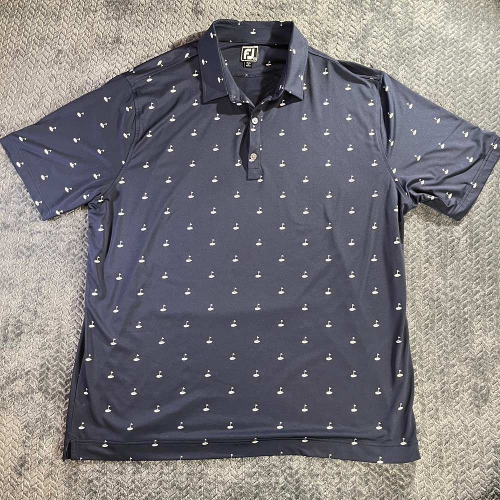 FootJoy FJ Mens Golf Polo Shirt Athletic‎ Fit Navy Blue Golf Ball Flag Print 2XL